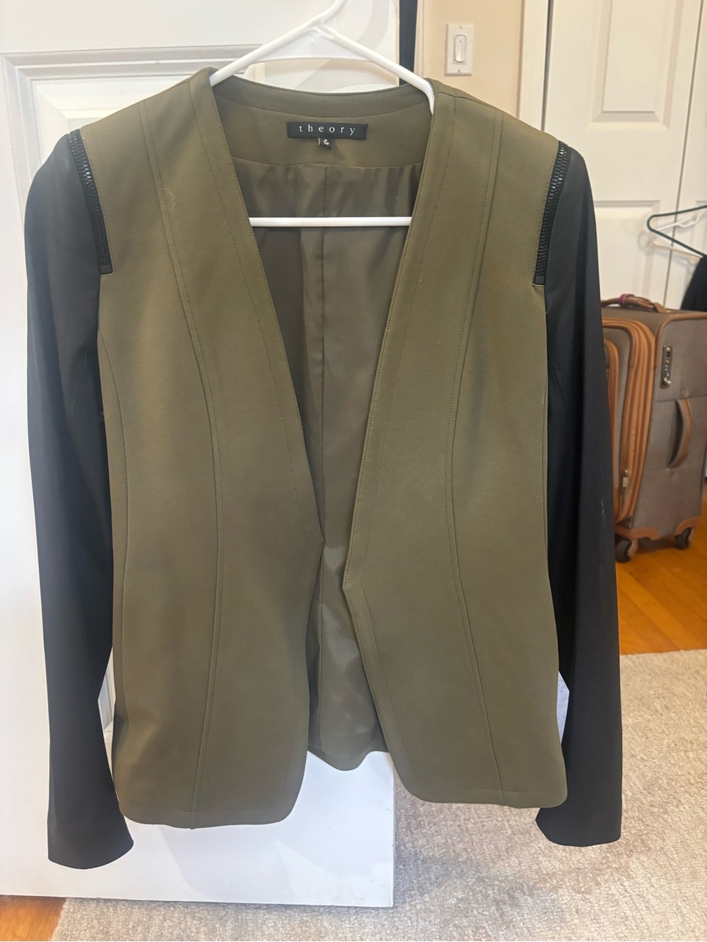 Theory Olive Front with Black Sleeves Open Jacket